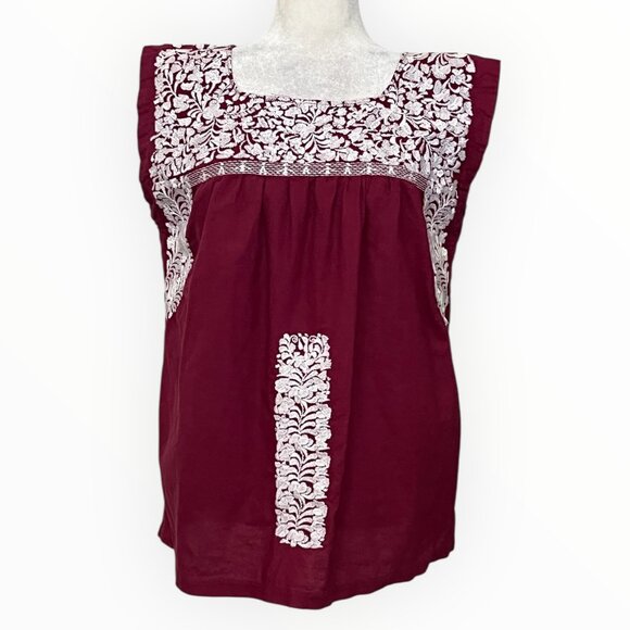 J.Marie Burgundy White Embroidered Blouse Top L Boho Florla Sleeveless Cotton - Picture 1 of 8